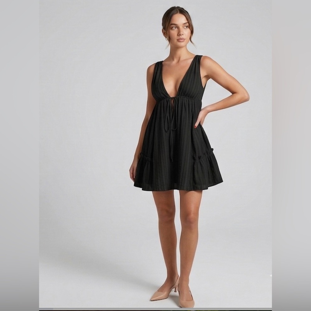 Ethereal 100% Cotton Deep V-Neck Babydoll Mini Dress Black - Picture 3 of 7